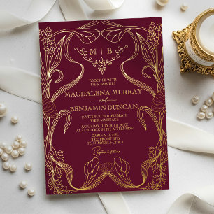 Burgundy Art Nouveau Floral Vines Monogram Wedding Foil Invitation