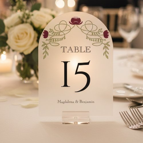 Burgundy Art Nouveau Floral Wedding Table Number