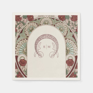Burgundy Art Nouveau Monogram Initials Table Decor Napkins
