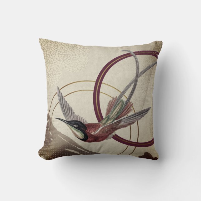 Burgundy Artistic Abstract Hummingbird Throw Pillow (Front)