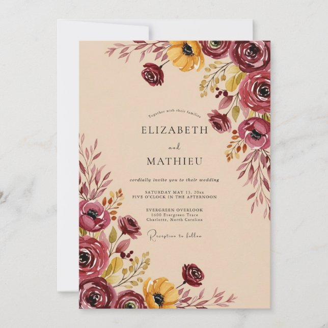 Burgundy Artistic Autumnal Wedding Invitation (Front)