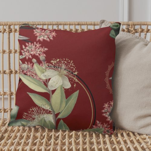 Burgundy Artistic Floral Design Throw Pillow