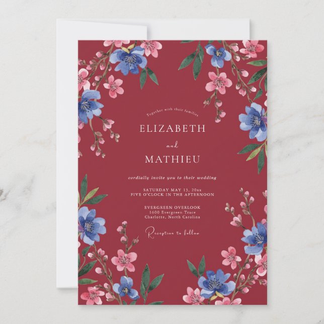 Burgundy Artistic Floral Wedding Invitation (Front)