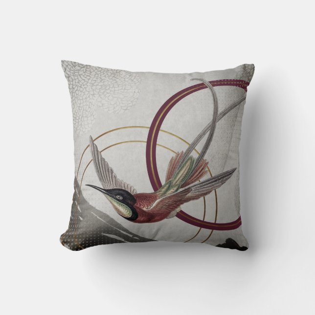 Burgundy Artistic Hummingbird Throw Pillow (Front)