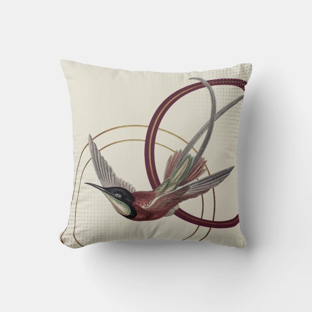 Burgundy Artistic Hummingbird Throw Pillow (Front)