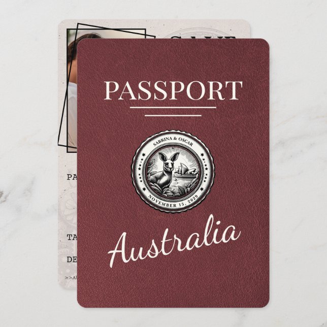 Burgundy Australia Passport Save The Date (Front/Back)