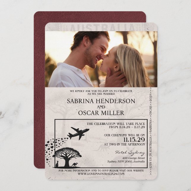 Burgundy Australia Passport Wedding Invitation (Front/Back)