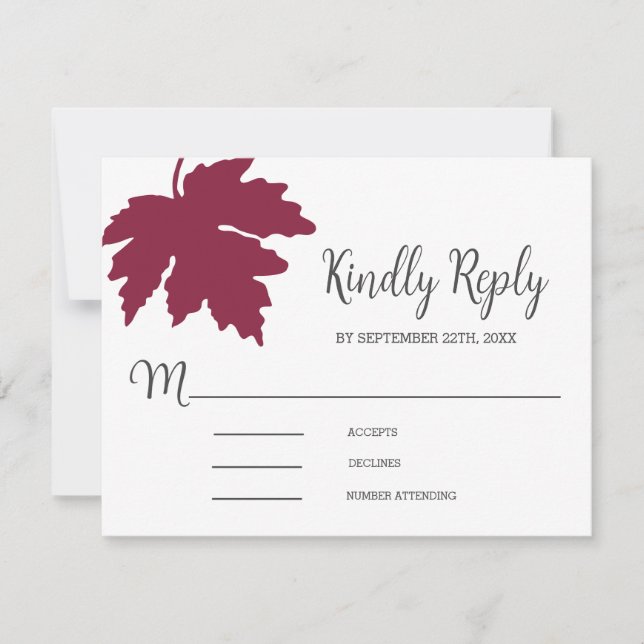 Burgundy  Autum Maple Leaf Wedding RSVP Card (Front)