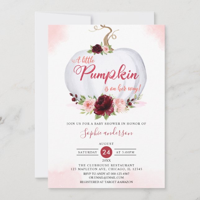 Burgundy Autumn A Little Pumpkin Fall Baby Shower Invitation (Front)