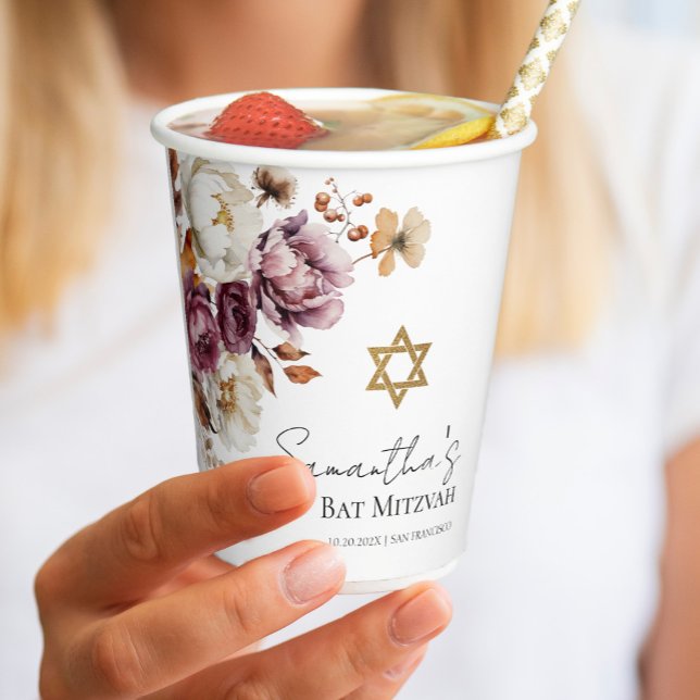 Burgundy Autumn Fall Floral Bat Mitzvah Paper Cups (Creator Uploaded)