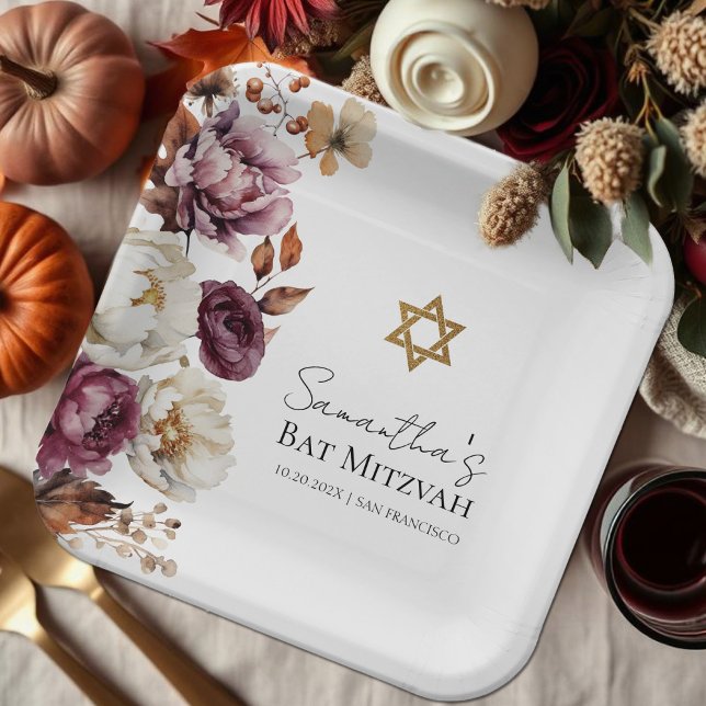 Burgundy Autumn Fall Floral Bat Mitzvah Paper Plates (Creator Uploaded)