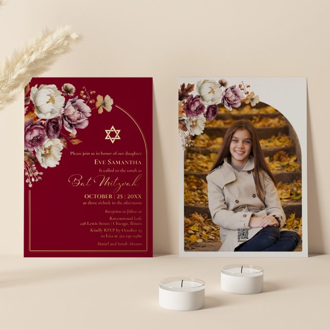 Burgundy Autumn Fall Floral Bat Mitzvah Photo Real Foil Invitation (Creator Uploaded)