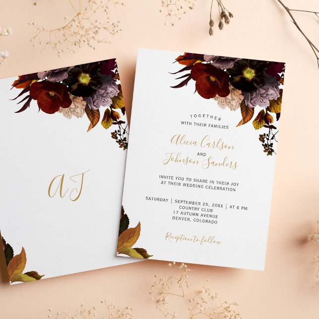 Burgundy autumn fall floral rustic wedding invitat invitation (Creator Uploaded)