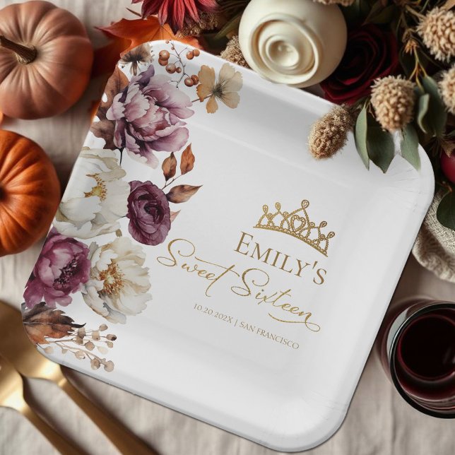 Burgundy Autumn Fall Floral Sweet 16 Paper Plates (Creator Uploaded)