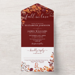 Burgundy Autumn Floral Fall In Love Wedding All In One Invitation