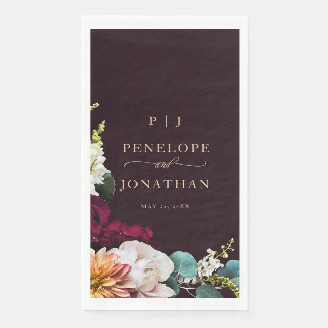 Burgundy Autumn Floral Gold Monogram Wedding Paper Guest Towels (Front)