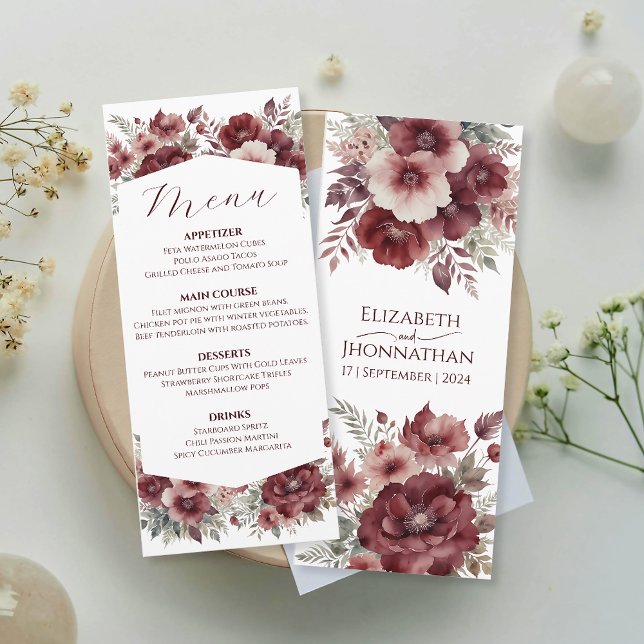 Burgundy Autumn Floral Watercolor Wedding Menu (Creator Uploaded)