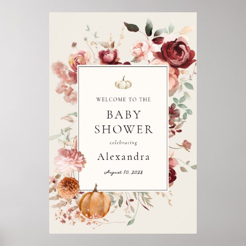 Burgundy Autumn Florals Baby Shower Welcome Poster