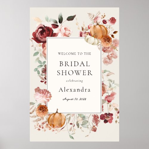 Burgundy Autumn Florals Bridal Shower Welcome Poster