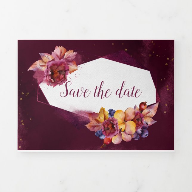 Burgundy autumn flowers Tri-Fold invitation (Cover)