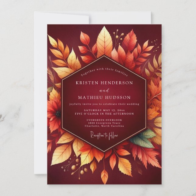 Burgundy Autumn Foliage Romance Wedding Invitation (Front)