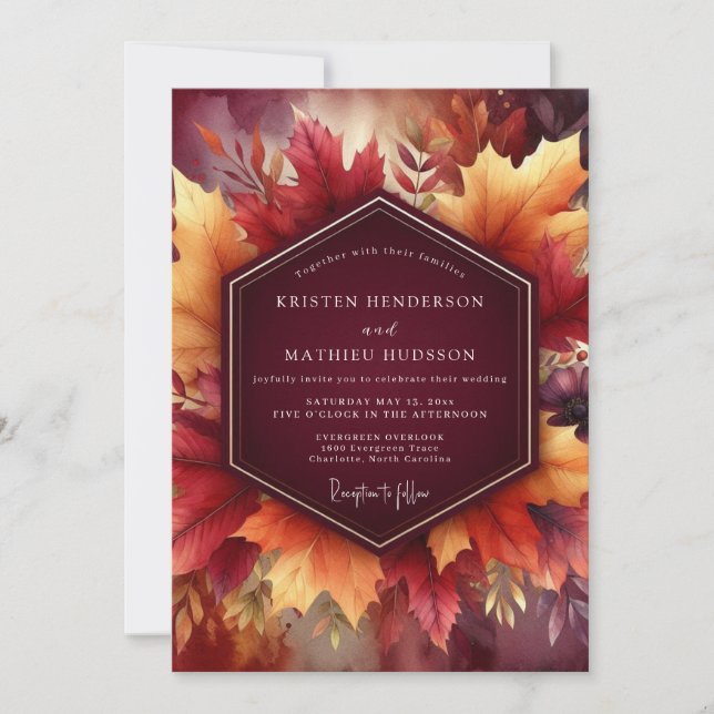 Burgundy Autumn Leaf Celebration Wedding Invitation (Front)