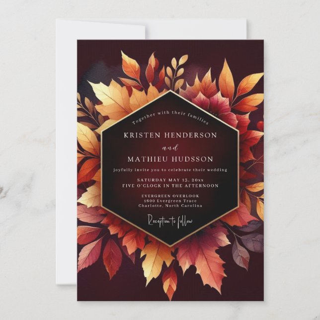 Burgundy Autumn Leaf Romance Wedding Invitation (Front)