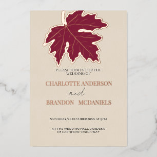 Burgundy Autumn Maple Leaf Wedding Rose Gold Foil Invitation