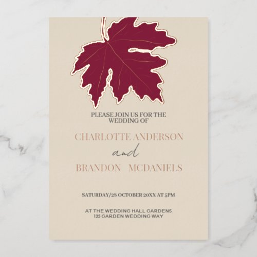 Burgundy Autumn Maple Leaf Wedding Rose Gold    Foil Invitation