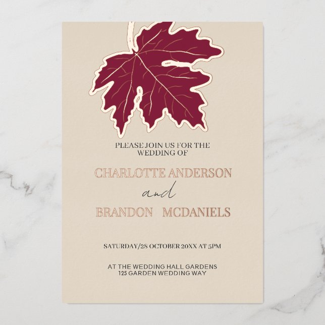 Burgundy Autumn Maple Leaf Wedding Rose Gold    Foil Invitation (Front)