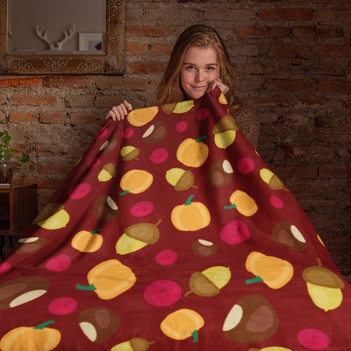 Burgundy Autumn Pumpkin Berries Chestnut Pattern Fleece Blanket