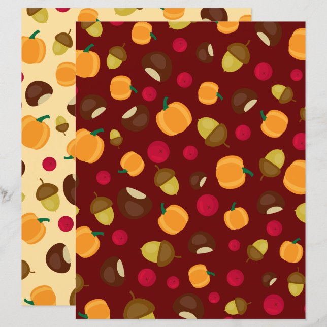 Burgundy Autumn Pumpkin Berries Scrapbook Paper (Front/Back)