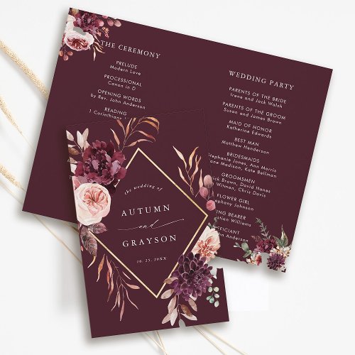 Burgundy Autumn Romance Gold Frame Wedding Program