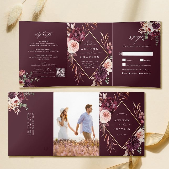 Burgundy Autumn Romance Watercolor Floral Wedding Tri-Fold Invitation (Inside & Outside)