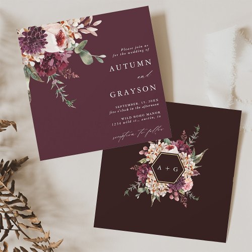 Burgundy Autumn Romance Watercolor Wedding Square Invitation