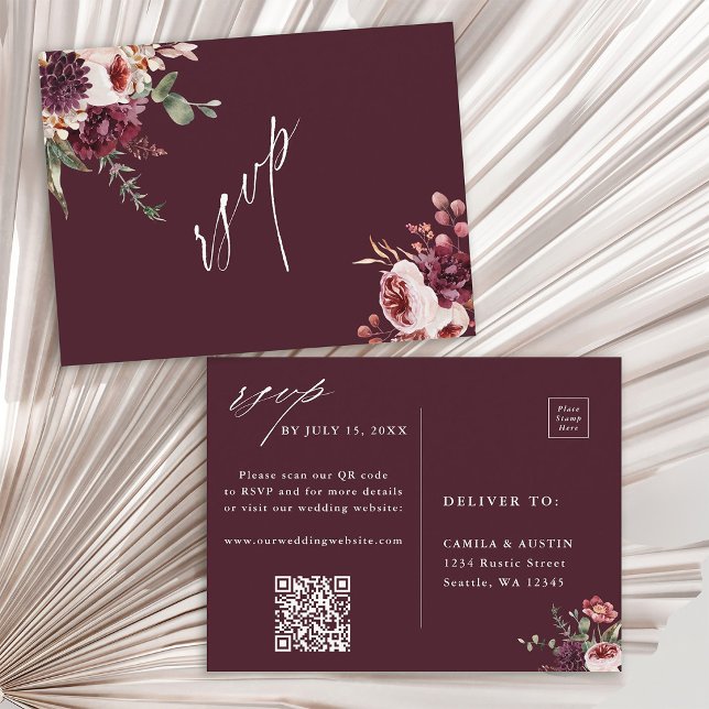 Burgundy Autumn Romance Wedding QR Code RSVP Postcard (Front & Back)