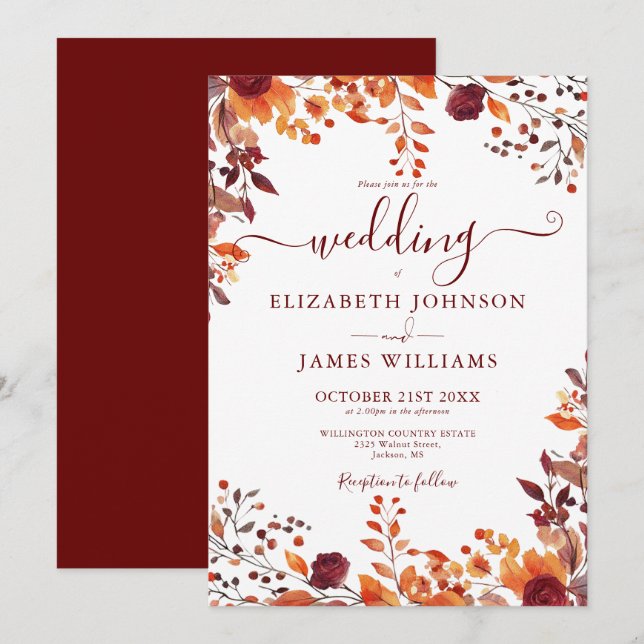 Burgundy Autumn Rustic Floral Leaves Wedding Invitation (Front/Back)