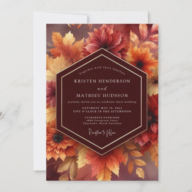 Burgundy Autumnal Bloom Wedding Invitation (Front)