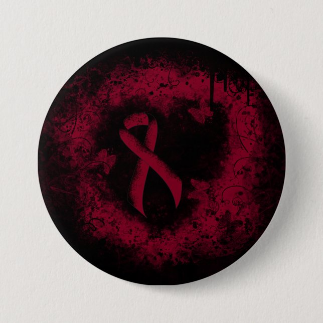 Burgundy Awareness Ribbon Grunge Heart Button (Front)
