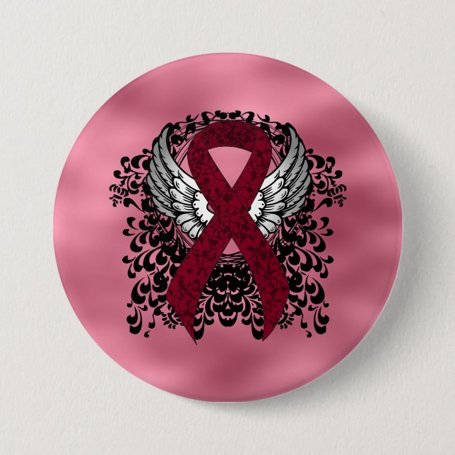 Burgundy Awareness  Ribbon with Wings Pinback Button (Front)