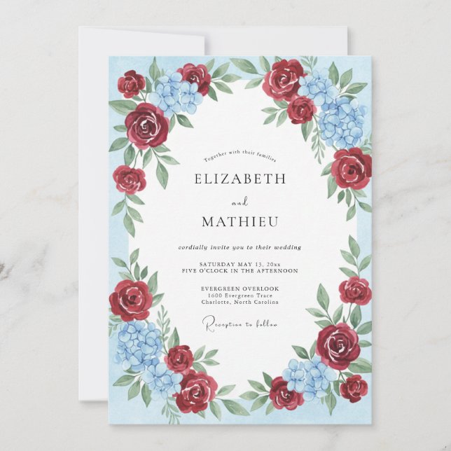 Burgundy Azure Romantic Traditional Wedding Invitation (Front)