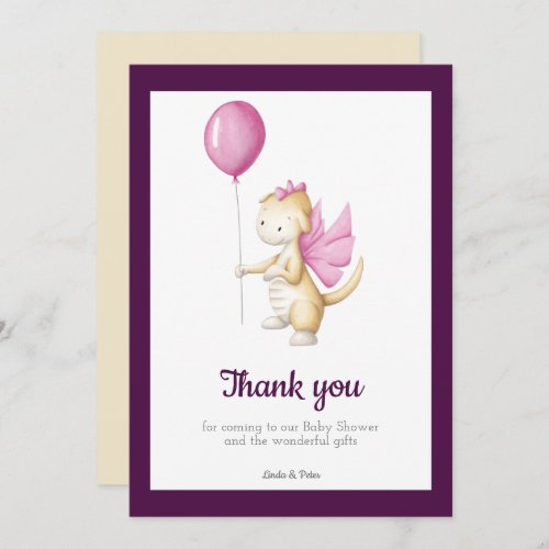 Burgundy Baby Dragon with Balloon Girl Baby Shower Thank You Card