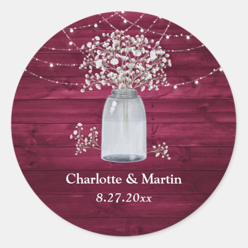 Burgundy Babys Breath Mason Jar Wood Wedding Classic Round Sticker