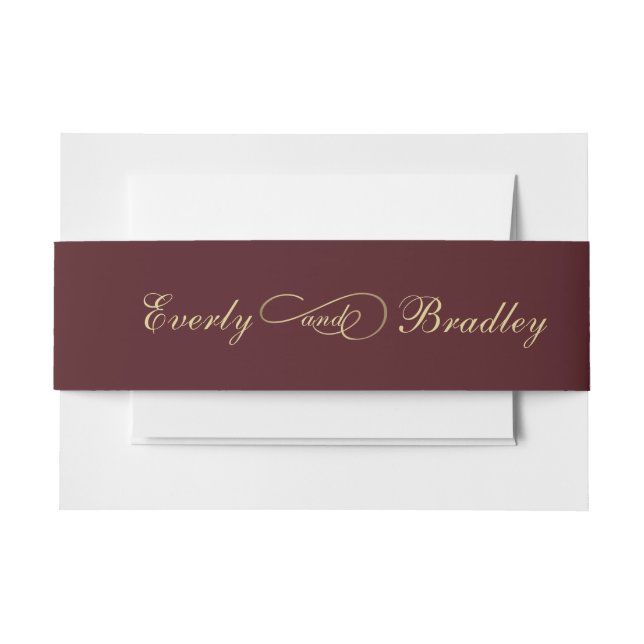 Burgundy Background Gold Script Elegant Dark Red Invitation Belly Band (Front Example)