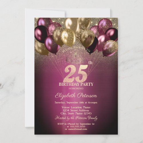 Burgundy Balloons Glitter 25th Birthday Invitation