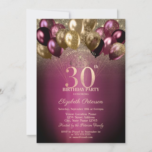 Burgundy Balloons Glitter 30th Birthday Invitation (Front)