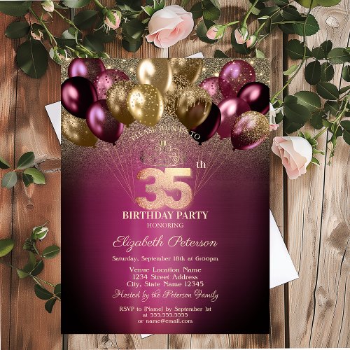 Burgundy Balloons Glitter 35th Birthday Invitation