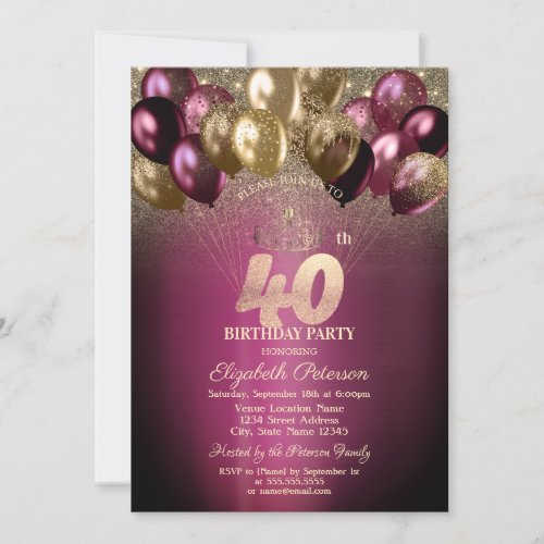 Burgundy Balloons Glitter 40th Birthday Invitation