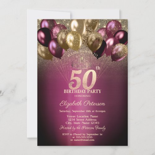 Burgundy Balloons Glitter 50th Birthday Invitation