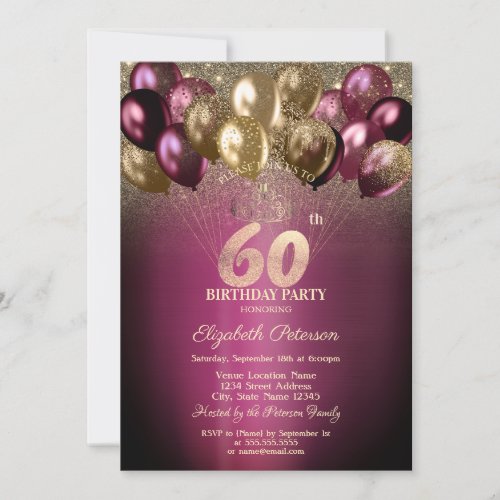 Burgundy Balloons Glitter 60th Birthday Invitation